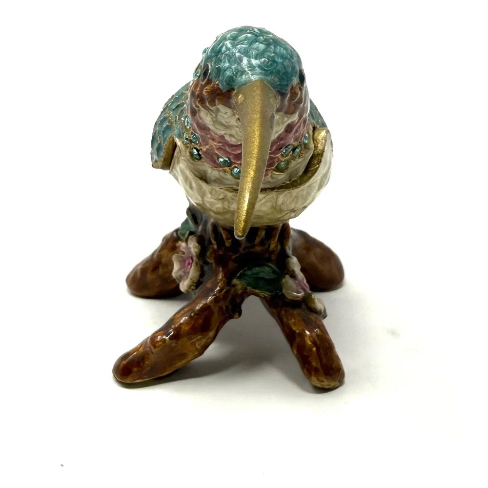 Vintage Enameled Hummingbird Trinket Box Jeweled Crystal Bird Figurine Teal Gold